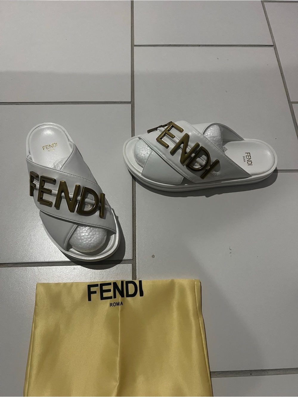 Fendi White Leather Logo Slide Sandals with Gold Lettering